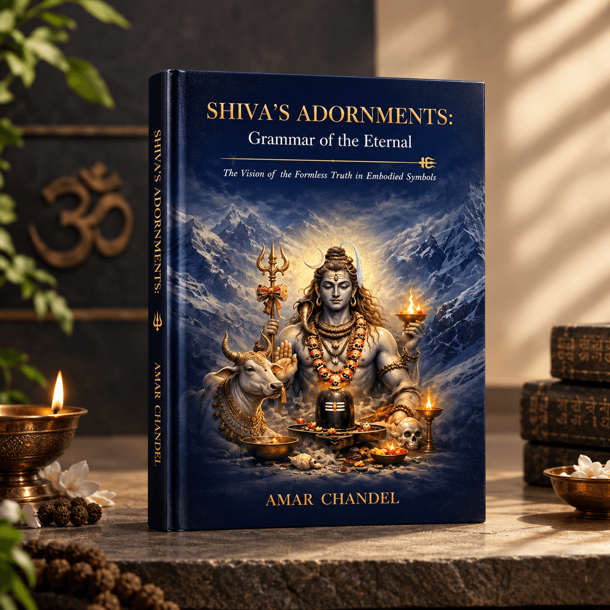 Shiva's Adornments, a dark blue hardback, lit by a brass diya